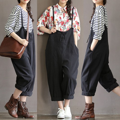 cotton and linen casual style suspender pocket jumpsuit